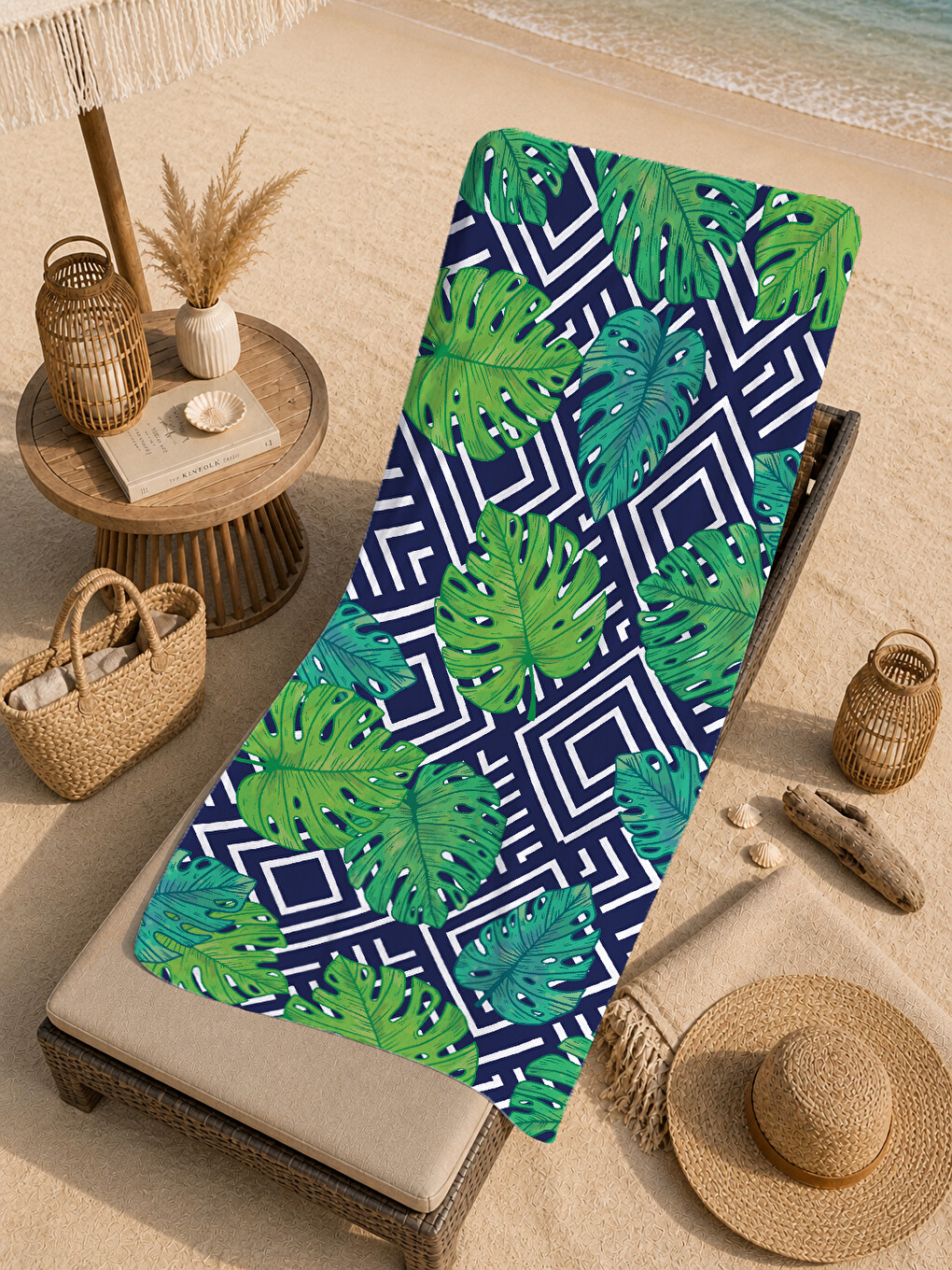 Lacivert Yeşil Geometrik Monstera Yaprak Desenli 70x150 Cm Dijital Baskılı Plaj Ve Banyo Havlusu-4