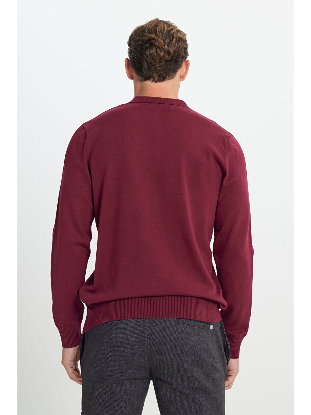 Erkek Bordo Standart Fit Normal Kesim Polo Yaka Triko Kazak-5