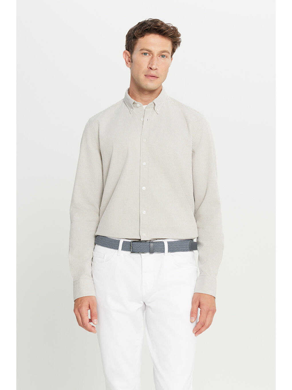 Erkek Bej-Beyaz %100 Pamuk Slim Fit Dar Kesim Düğmeli Yaka Çizgili Gömlek-2