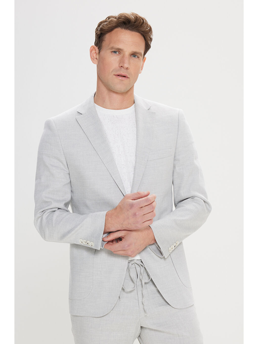 Erkek Açık Gri Slim Fit Dar Kesim Mono Yaka Desenli Keten Takım Elbise-4