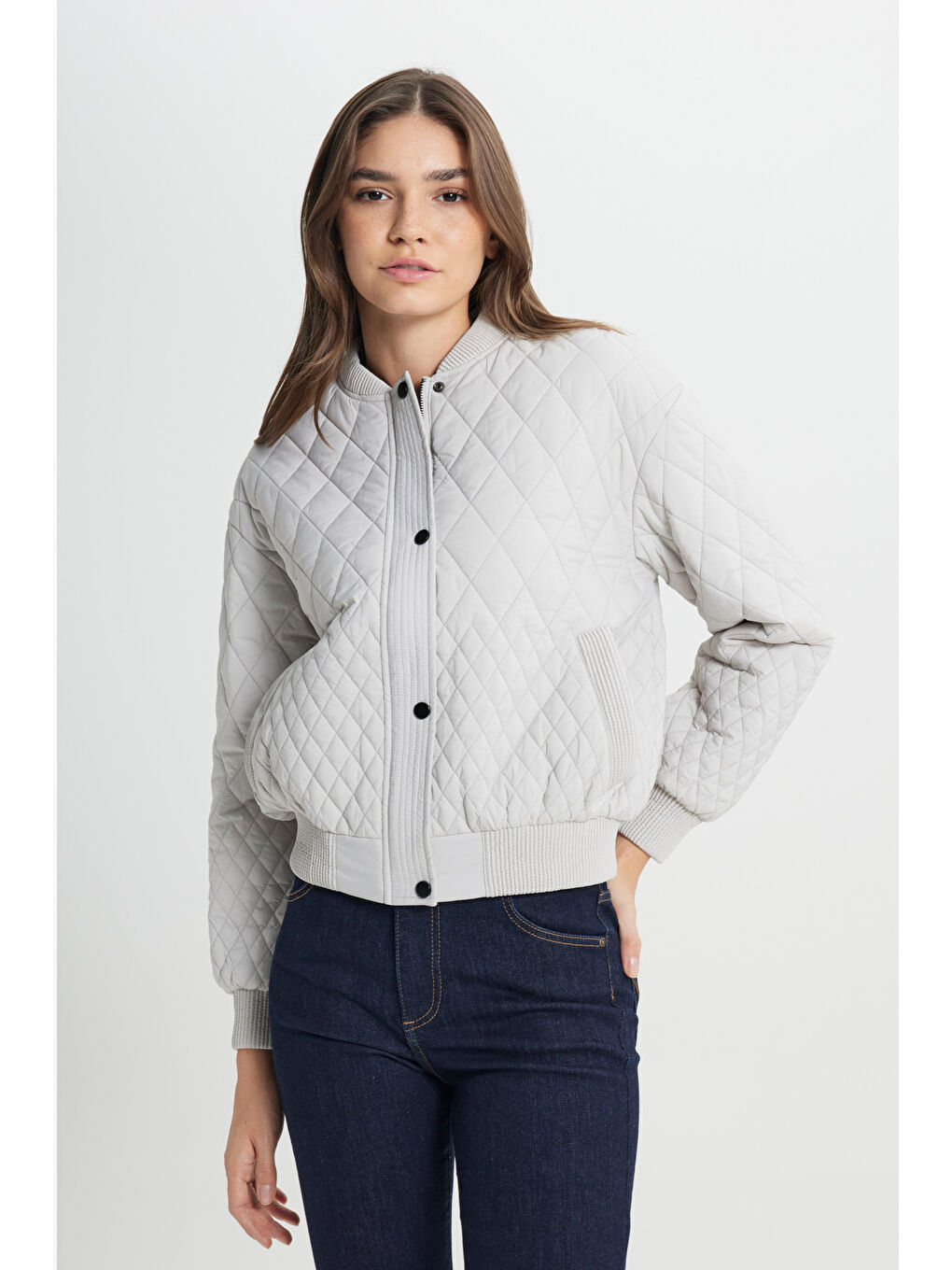 Loose Fit Rahat Kesim Kapitone Detaylı Gri Bomber Ceket