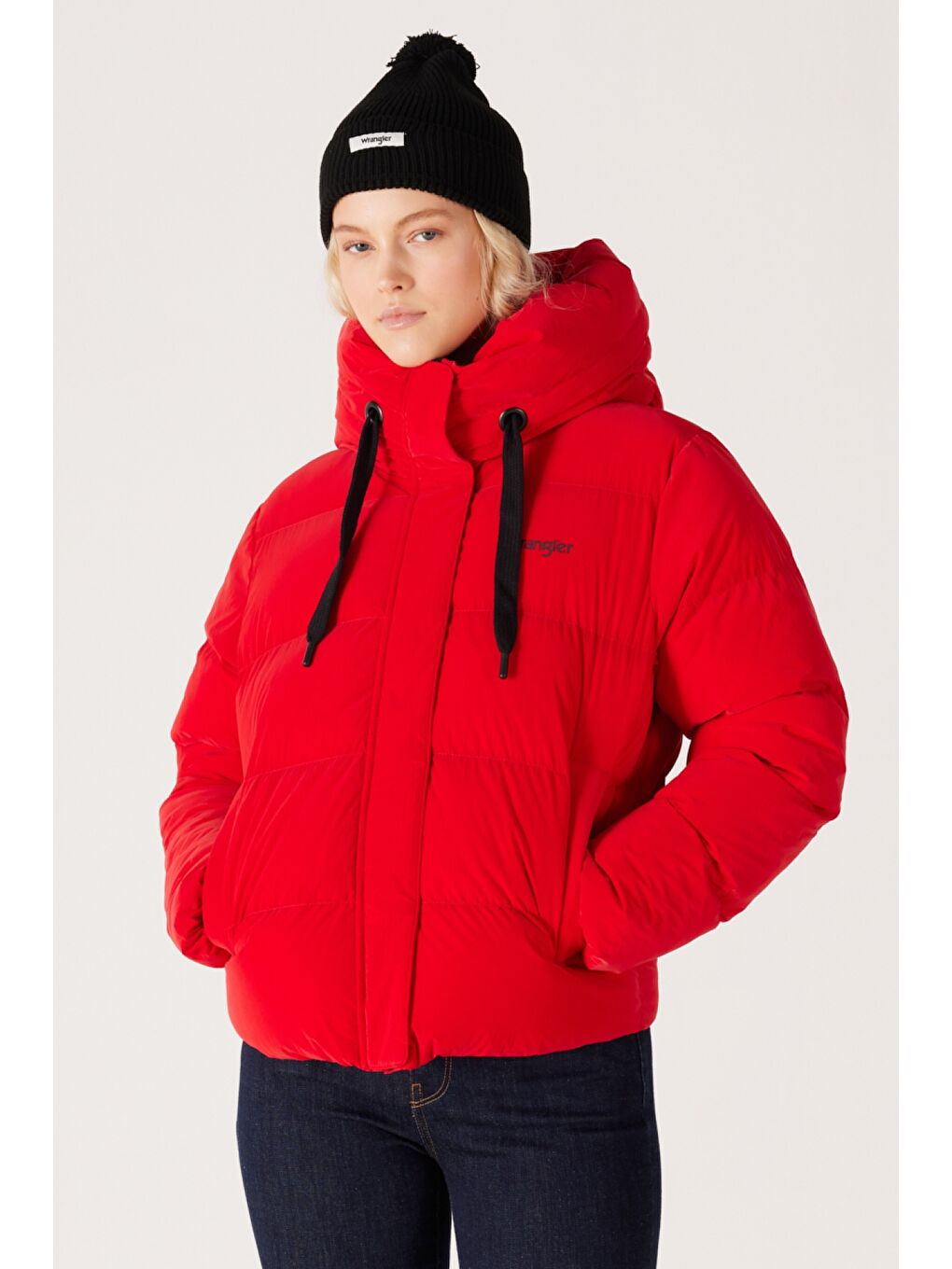 Loose Fit Rahat Kesim Dik Yaka Kapüşonlu Kırmızı Şişme Mont-1