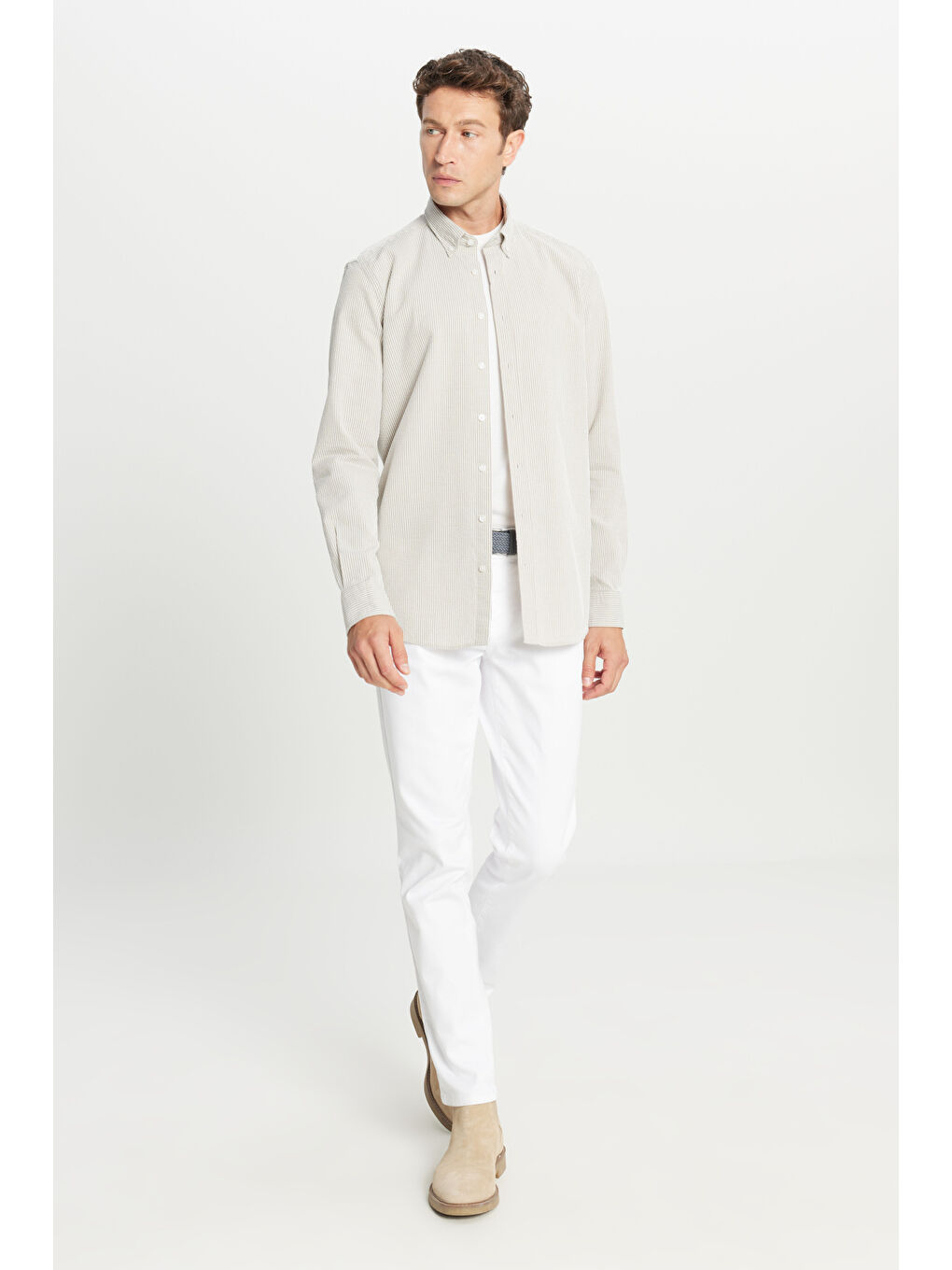 Erkek Bej-Beyaz %100 Pamuk Slim Fit Dar Kesim Düğmeli Yaka Çizgili Gömlek-3