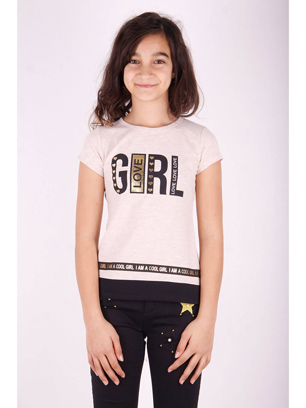 Bej Kız Çocuk Baskılı T-Shirt