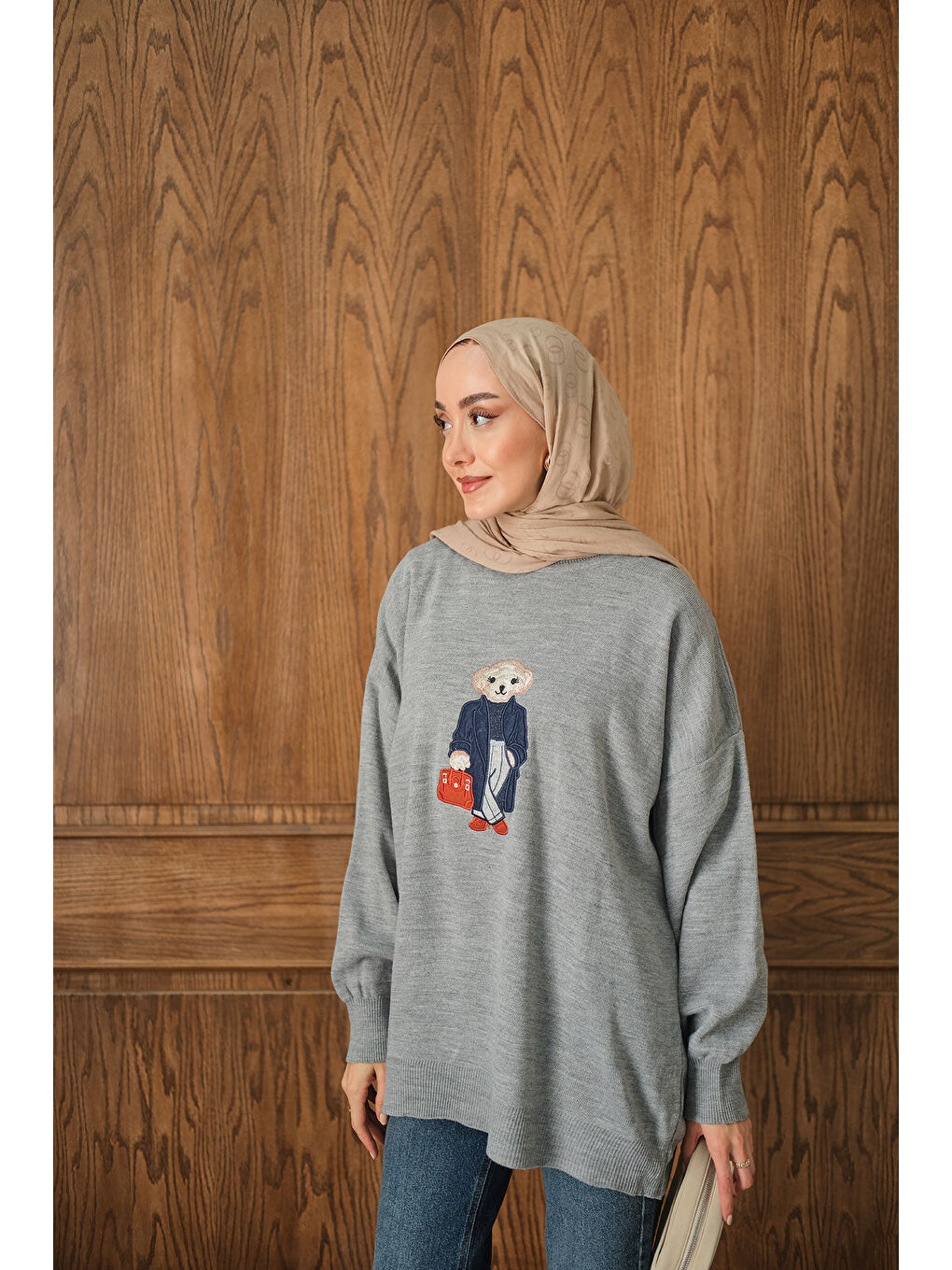 Kadın Ayıcık Nakışlı Triko Takım Gri-1