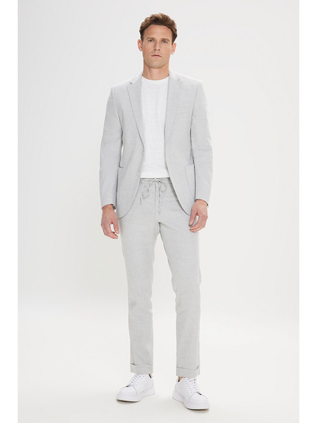 Erkek Açık Gri Slim Fit Dar Kesim Mono Yaka Desenli Keten Takım Elbise-5