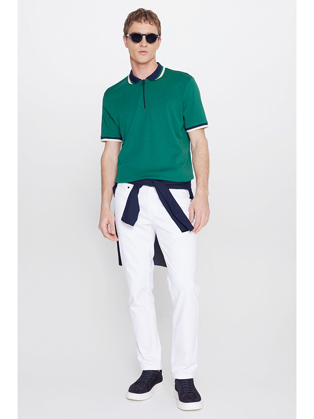 Erkek Yeşil-Lacivert Regular Fit Geniş Kesim Polo Yaka %100 Pamuk Tişört-1