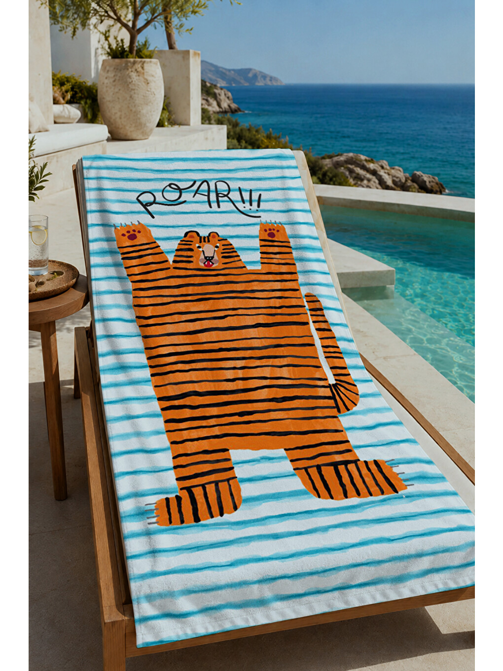 Milbay Grup Mavi Beyaz Çizgili Turuncu Kedi Desenli 70x150 Cm Dijital Plaj Ve Banyo Havlusu-44