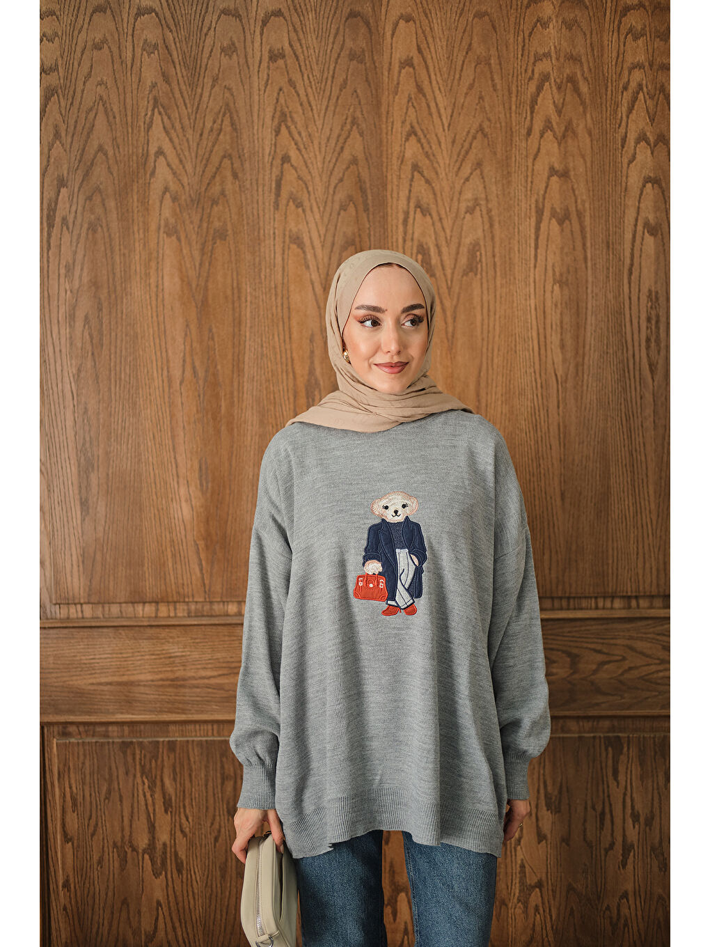 Kadın Ayıcık Nakışlı Triko Takım Gri-2
