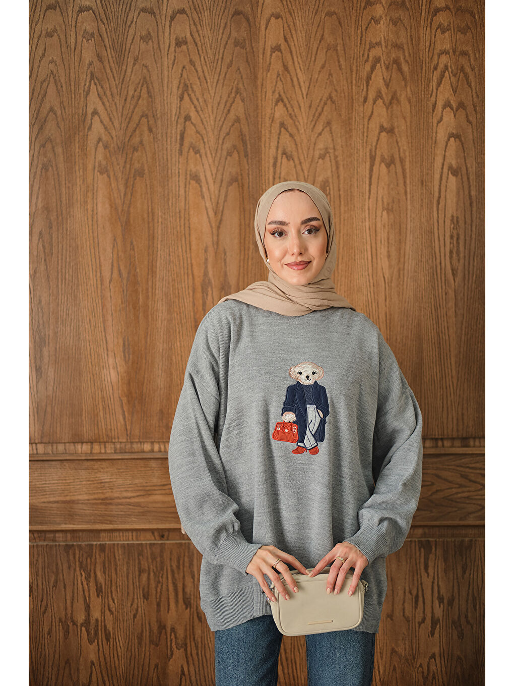 Kadın Ayıcık Nakışlı Triko Takım Gri-3