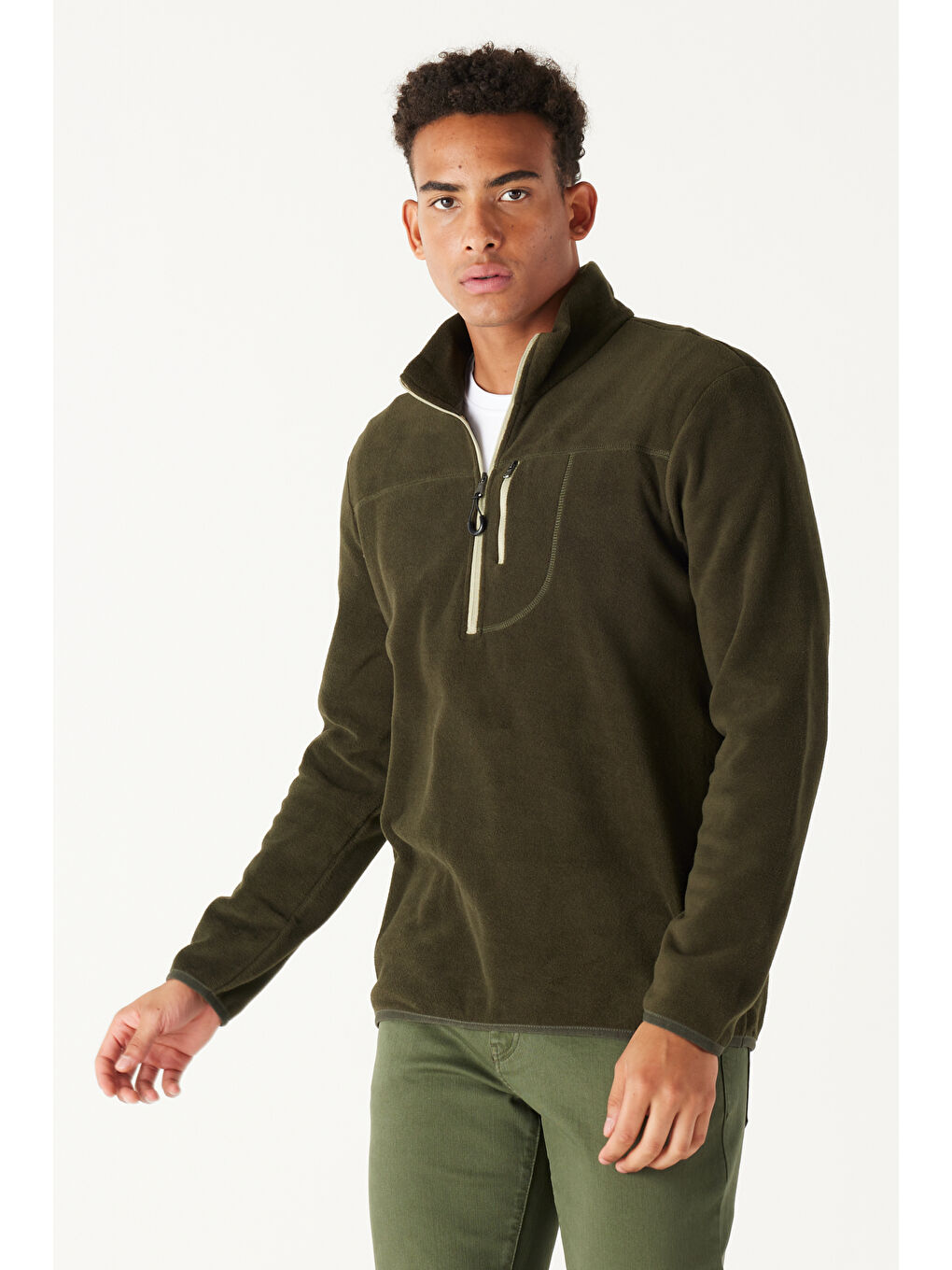 Erkek Haki Standart Fit Normal Kesim Fermuarlı Bato Yaka Isı Koruyan Polar Sweatshirt