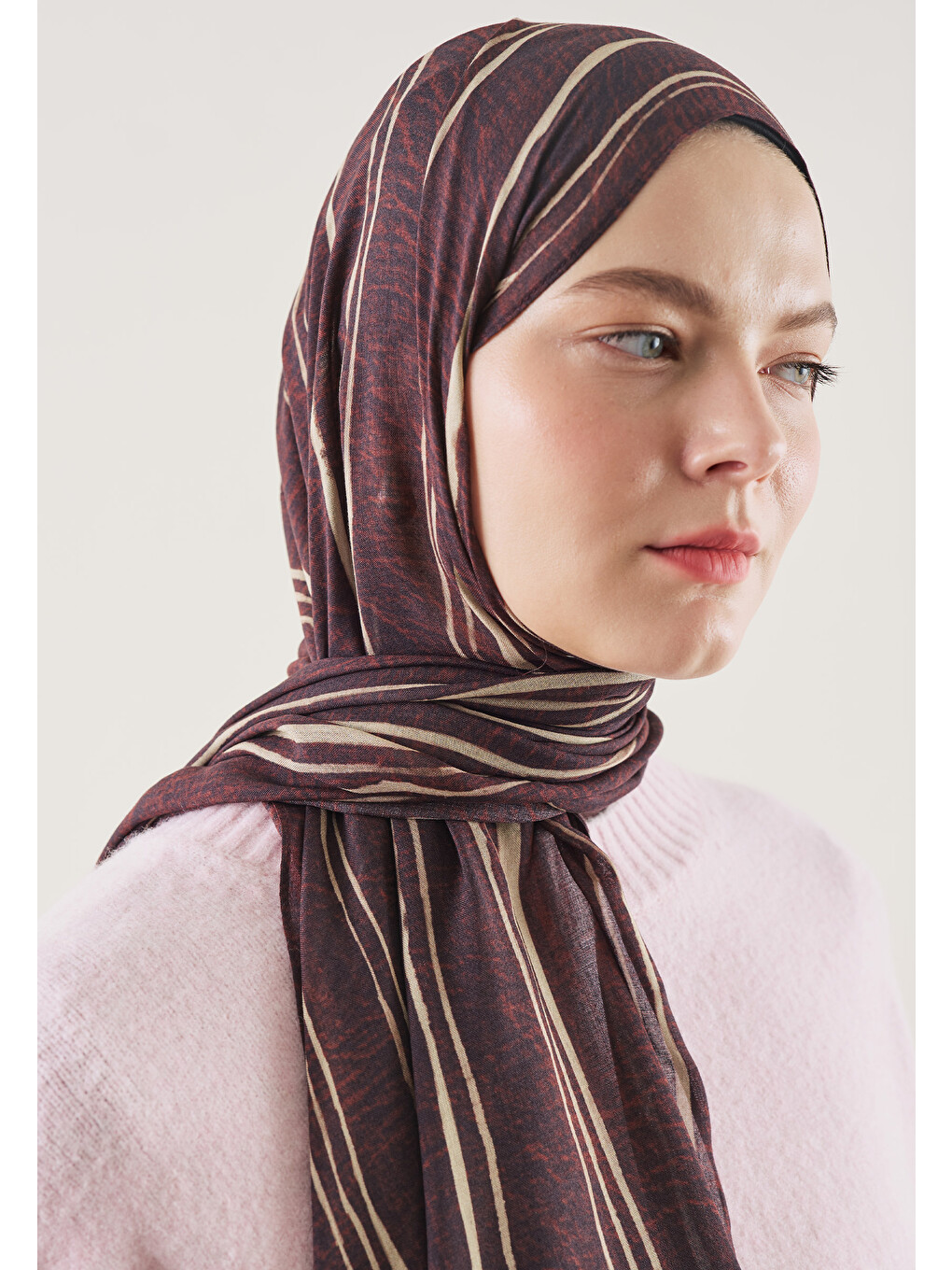 Striped Desen Rami Şal Bordo-1