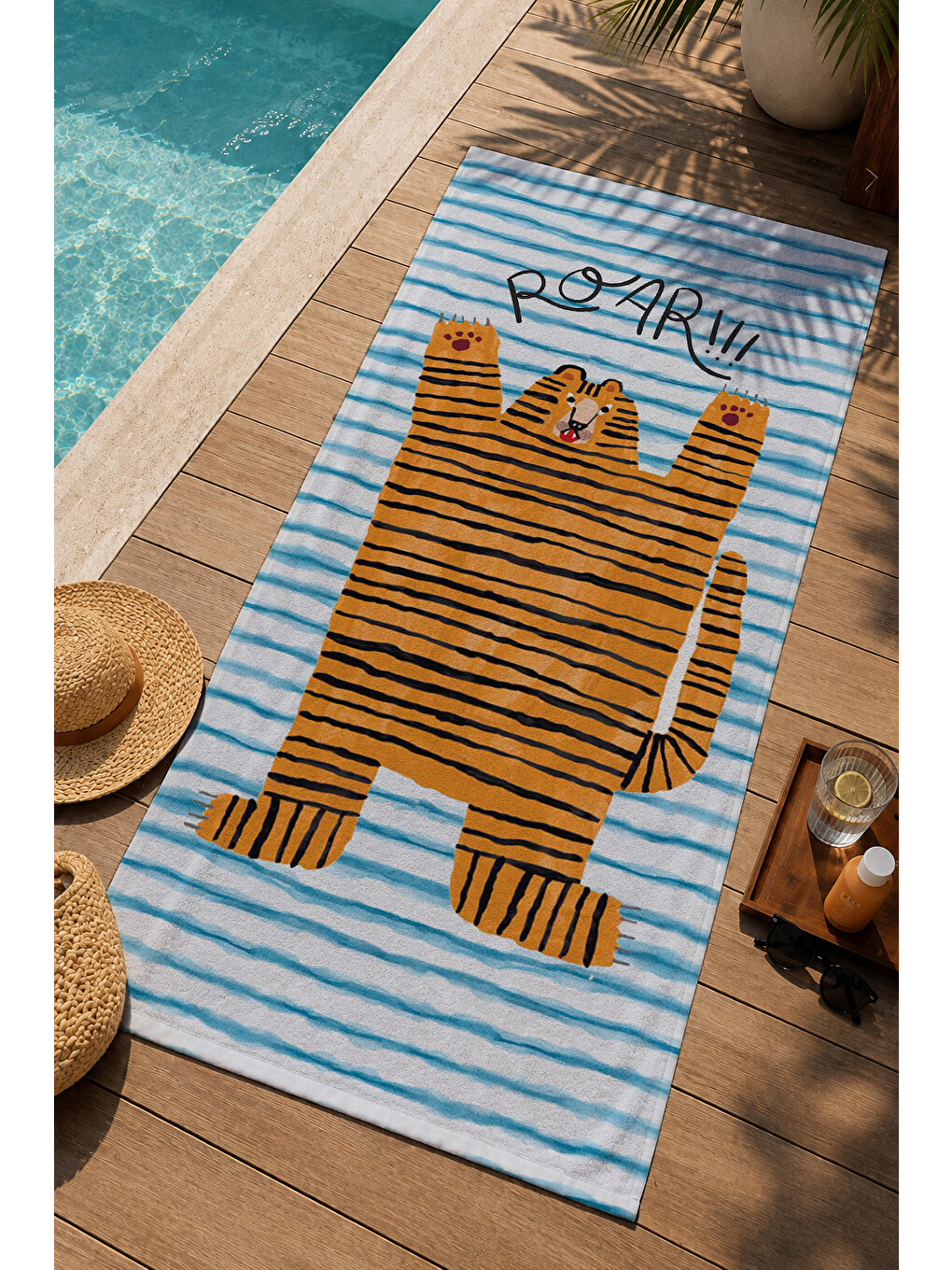 Milbay Grup Mavi Beyaz Çizgili Turuncu Kedi Desenli 70x150 Cm Dijital Plaj Ve Banyo Havlusu-44-2