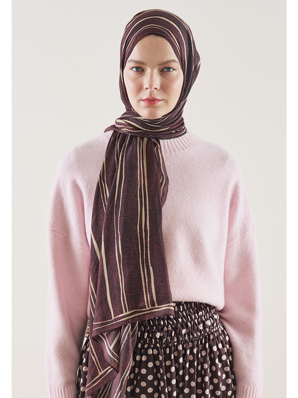 Striped Desen Rami Şal Bordo-2
