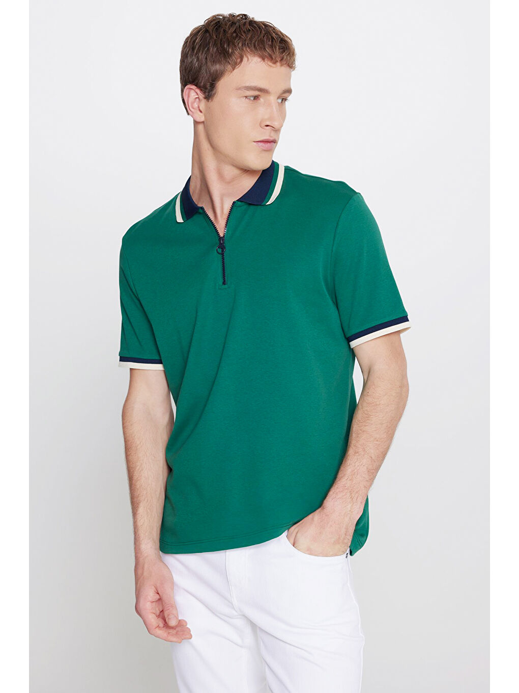 Erkek Yeşil-Lacivert Regular Fit Geniş Kesim Polo Yaka %100 Pamuk Tişört-2