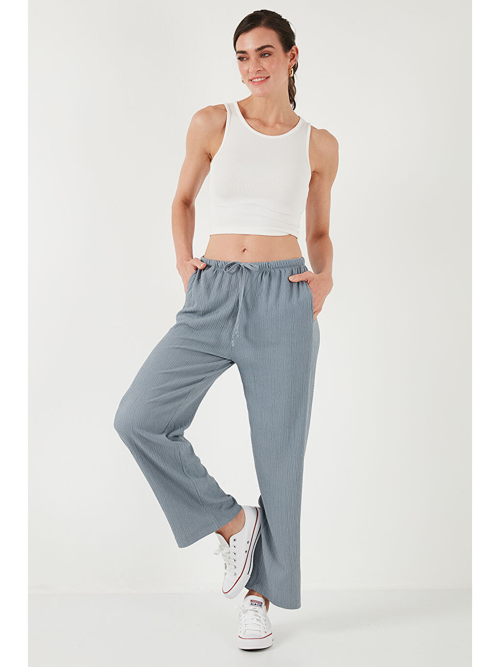 Gri Regular Fit Normal Bel Geniş Paça Pantolon 5866117