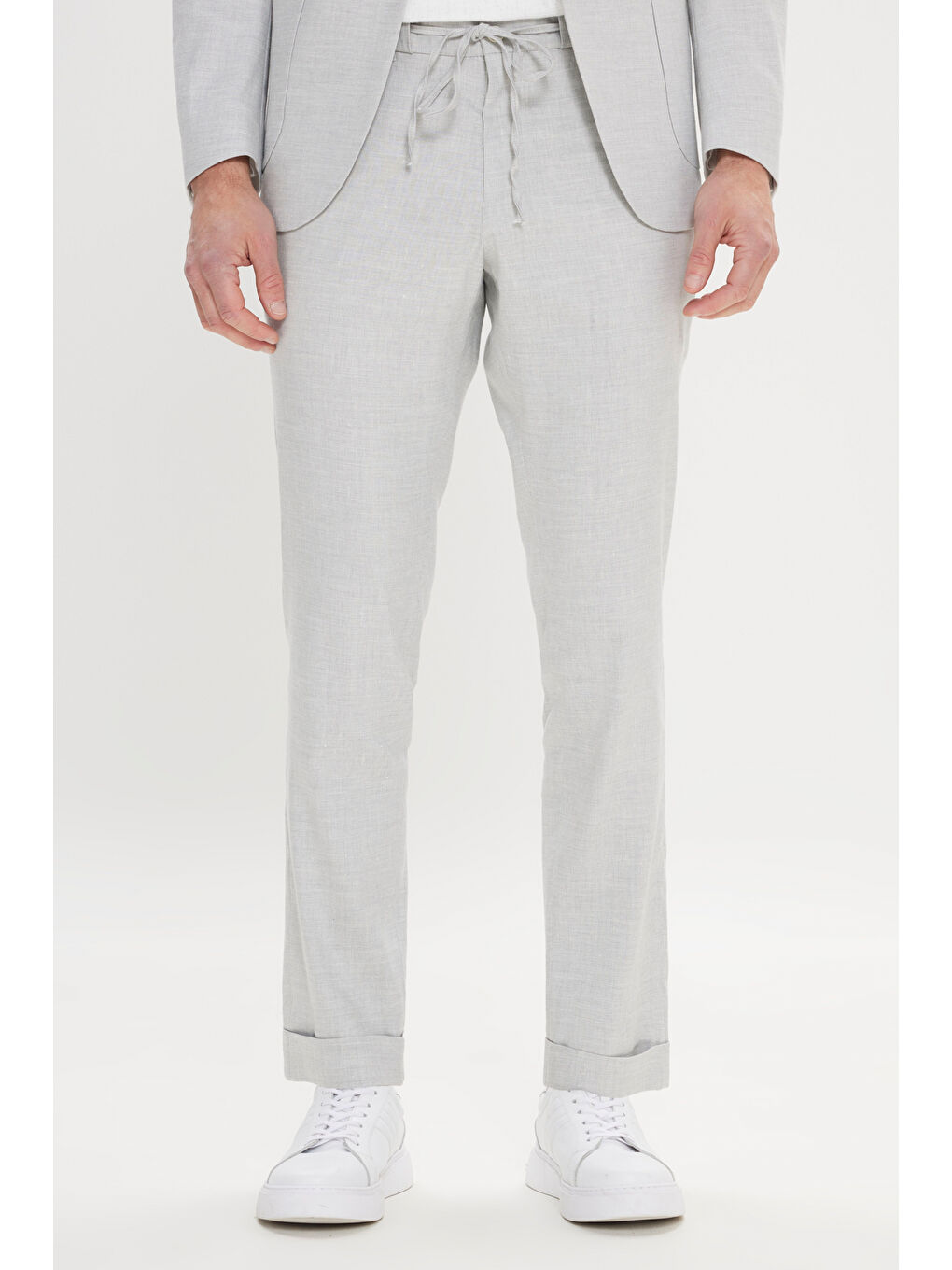 Erkek Açık Gri Slim Fit Dar Kesim Mono Yaka Desenli Keten Takım Elbise-6