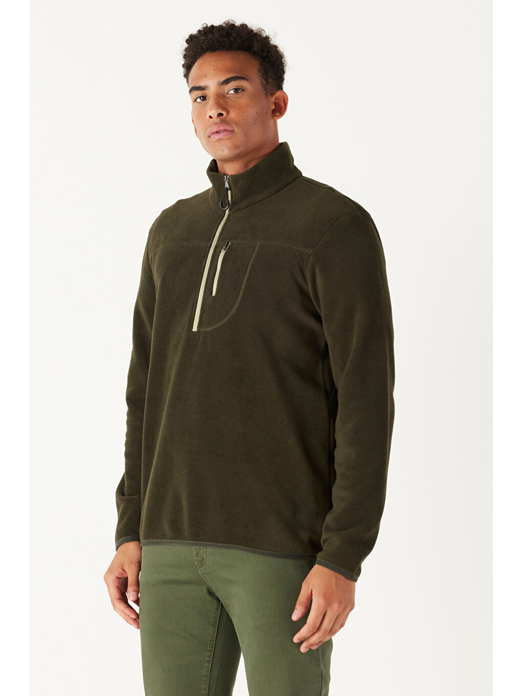 Erkek Haki Standart Fit Normal Kesim Fermuarlı Bato Yaka Isı Koruyan Polar Sweatshirt-1