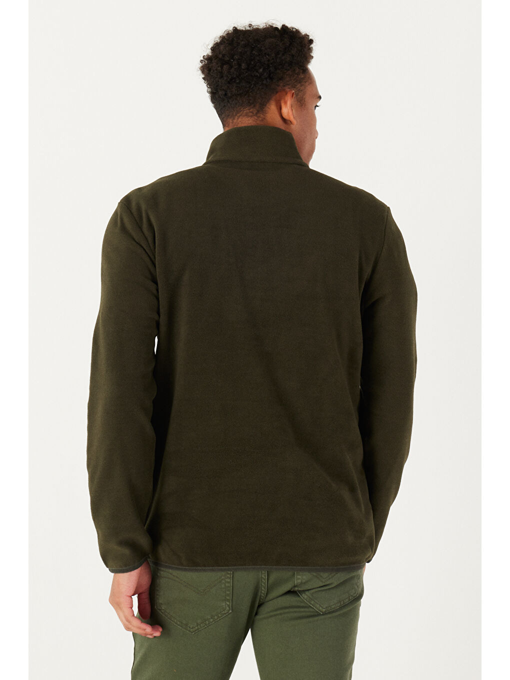 Erkek Haki Standart Fit Normal Kesim Fermuarlı Bato Yaka Isı Koruyan Polar Sweatshirt-2