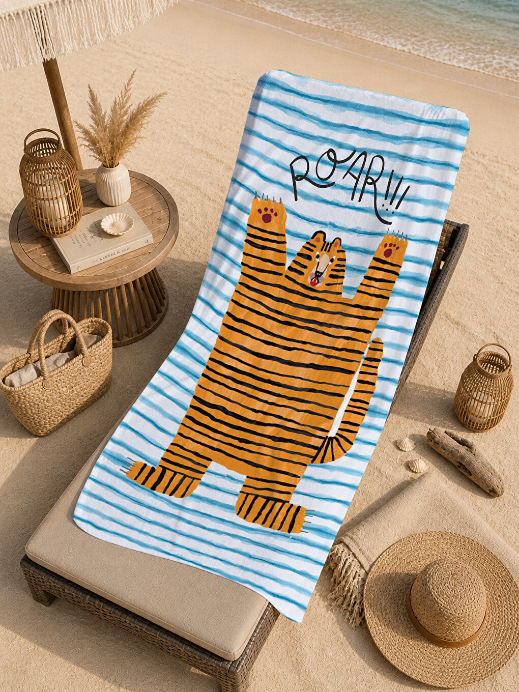 Milbay Grup Mavi Beyaz Çizgili Turuncu Kedi Desenli 70x150 Cm Dijital Plaj Ve Banyo Havlusu-44-4