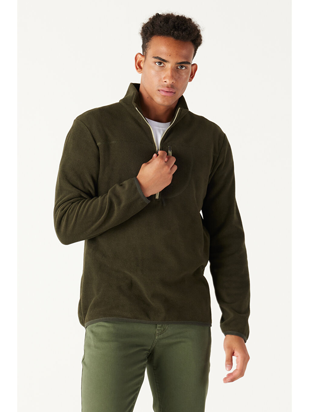 Erkek Haki Standart Fit Normal Kesim Fermuarlı Bato Yaka Isı Koruyan Polar Sweatshirt-3