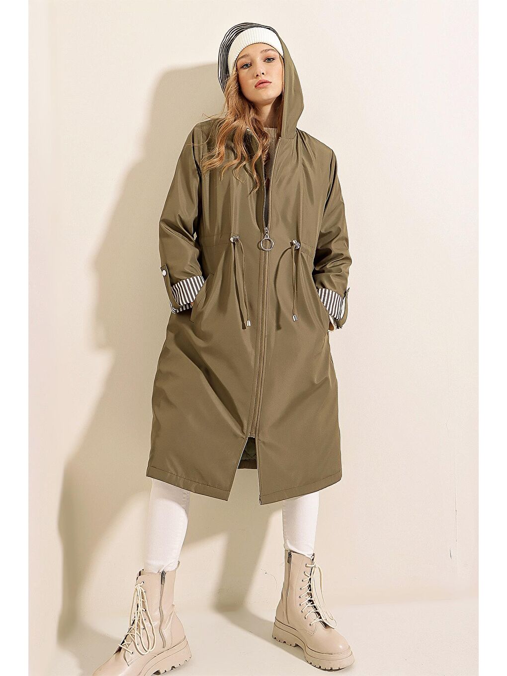 Haki Kadın Leopar Kol Katlamalı Trençkot-1