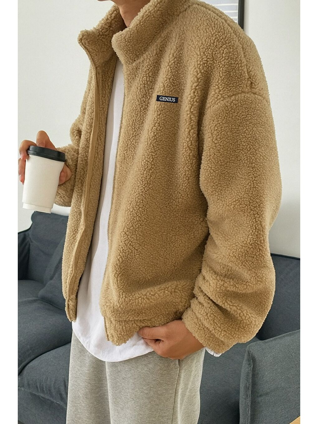 Bej Oversize Pelüş Tam Fermuarlı Sweatshirt Pelüş İçi Polarlı Sherpa Kumaş Sweatshirt-1