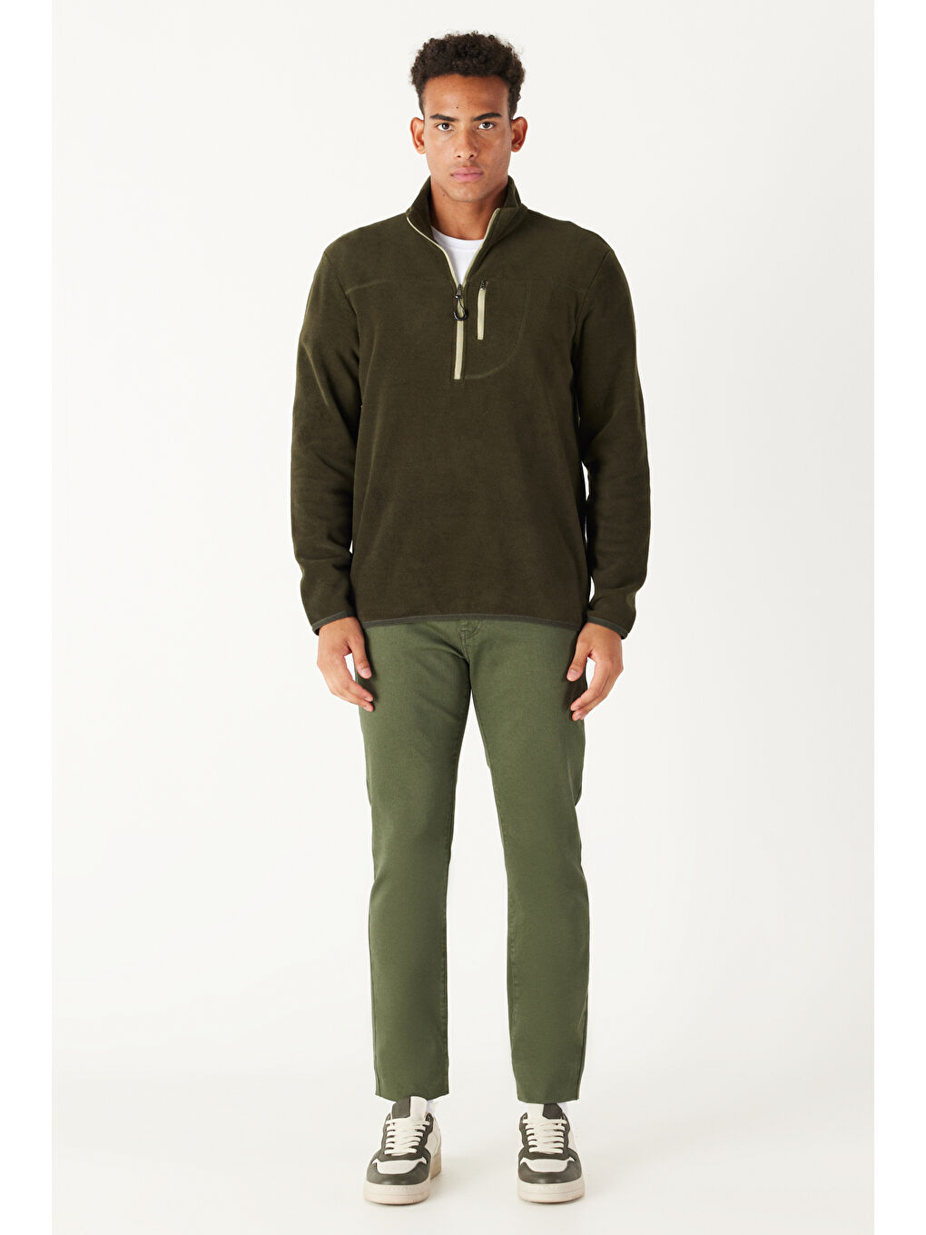 Erkek Haki Standart Fit Normal Kesim Fermuarlı Bato Yaka Isı Koruyan Polar Sweatshirt-4