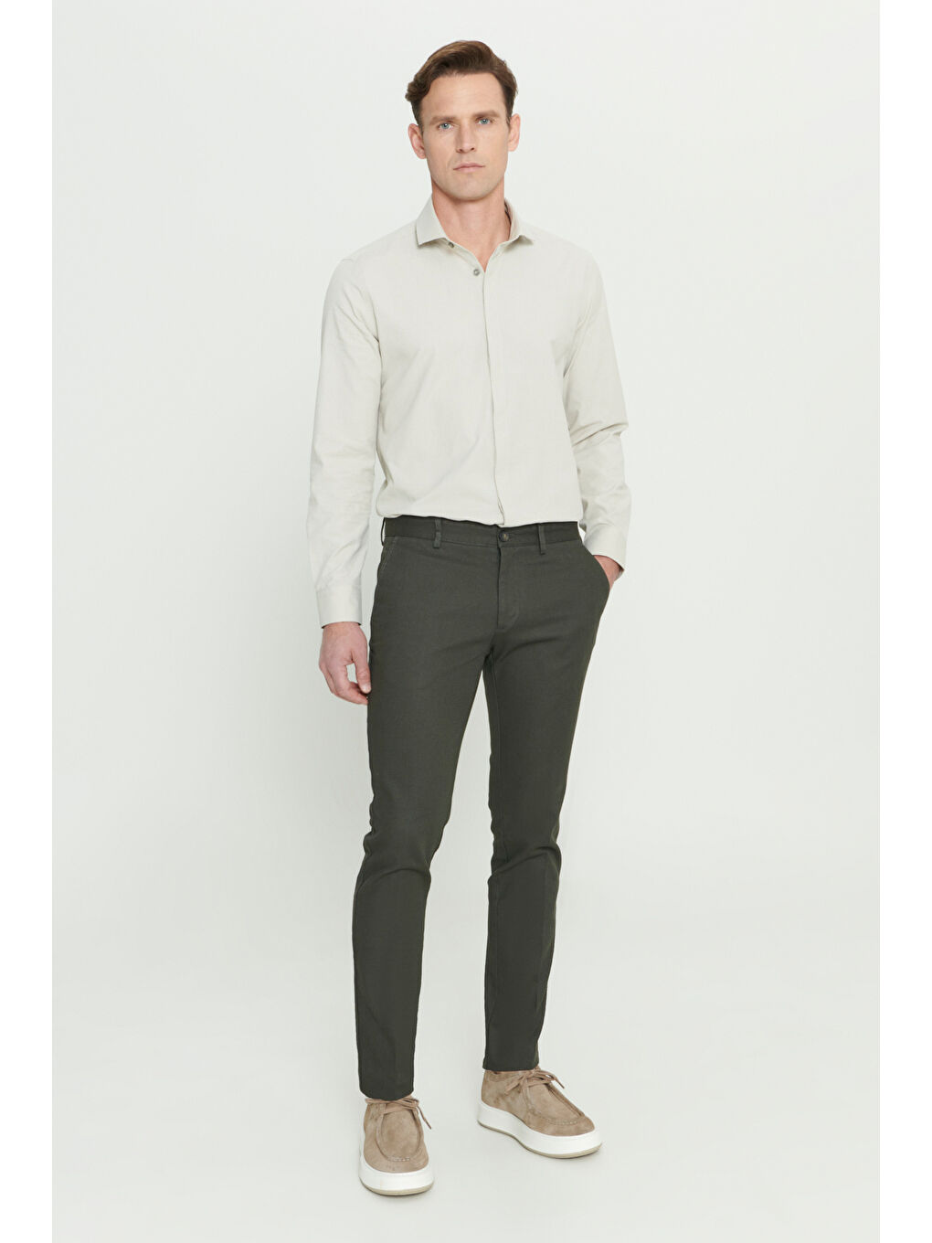 Erkek Yeşil Slim Fit Dar Kesim Armürlü Esnek Casual Pantolon-1