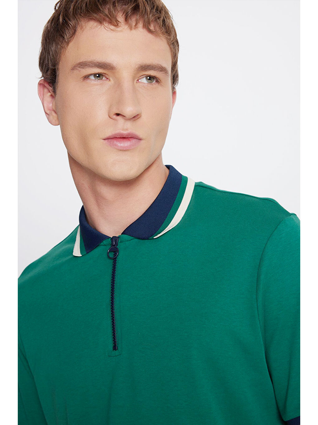Erkek Yeşil-Lacivert Regular Fit Geniş Kesim Polo Yaka %100 Pamuk Tişört-3