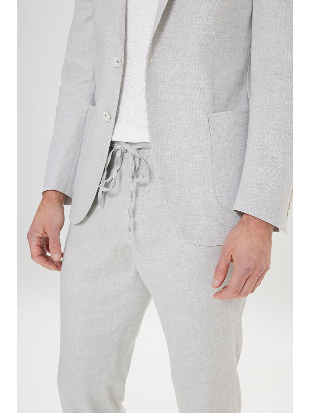 Erkek Açık Gri Slim Fit Dar Kesim Mono Yaka Desenli Keten Takım Elbise-7