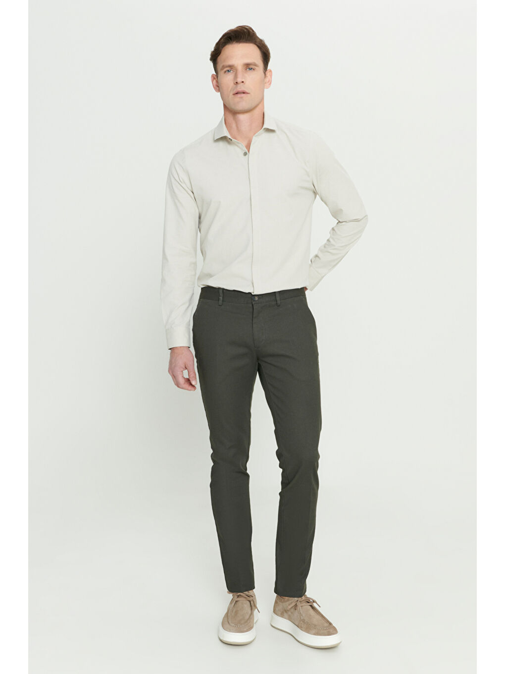 Erkek Yeşil Slim Fit Dar Kesim Armürlü Esnek Casual Pantolon-2
