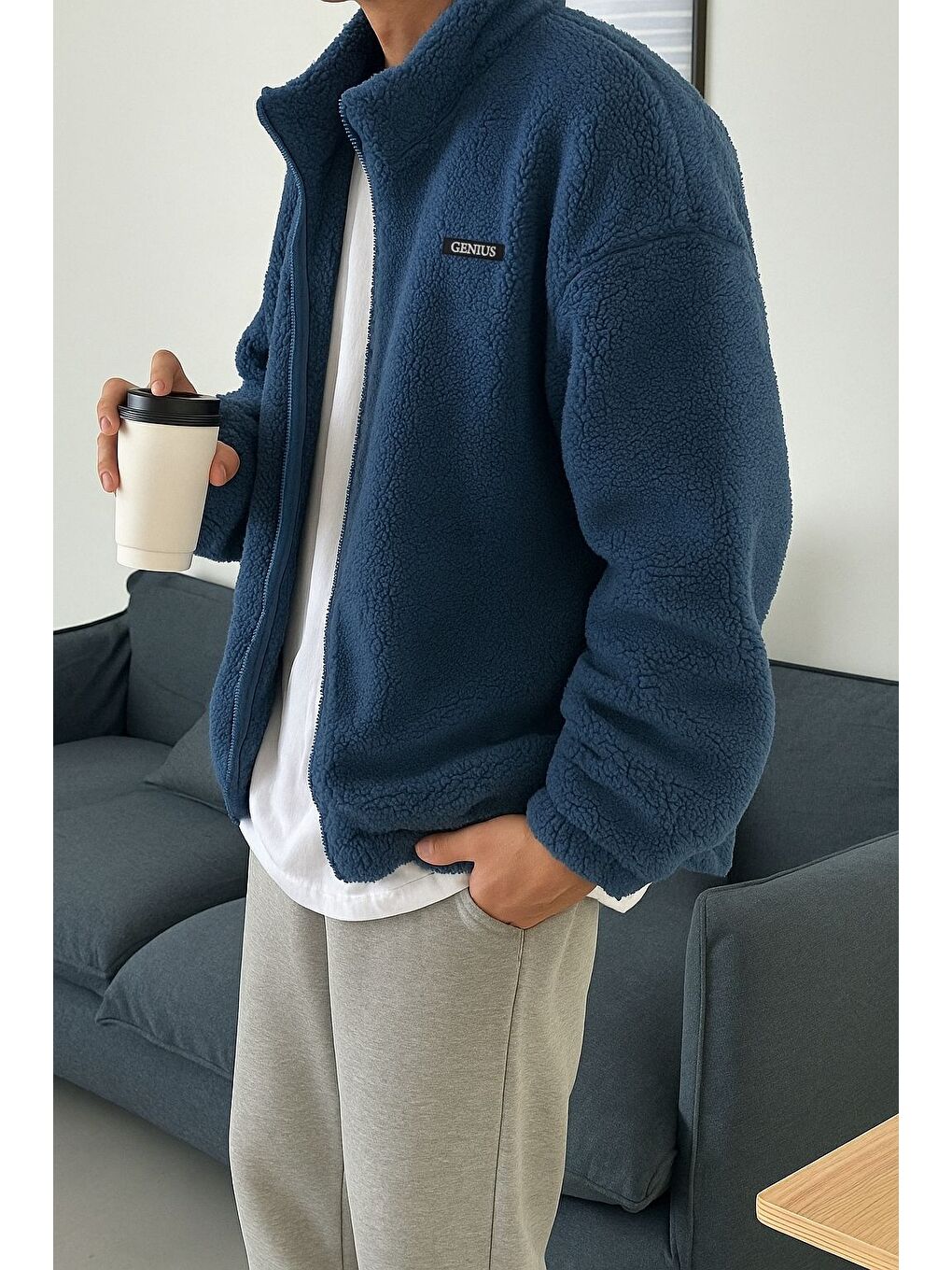 İndigo Oversize Pelüş Tam Fermuarlı Sweatshirt Pelüş İçi Polarlı Sherpa Kumaş Sweatshirt-1