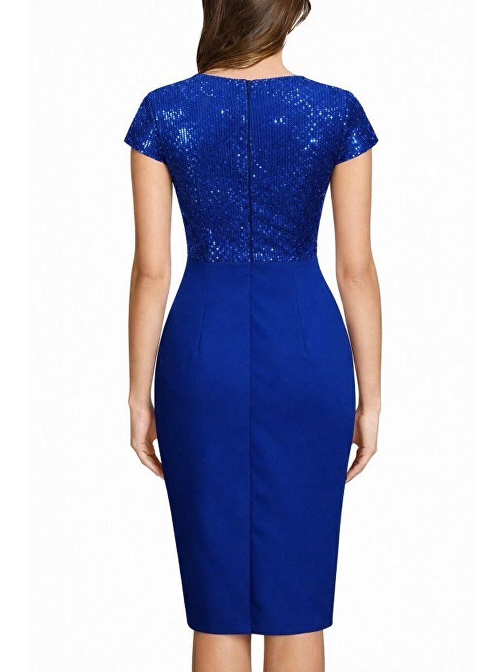 Mavi Kadın Kısa Kollu Kruvaze Yakalı ışıltı Detaylı Midi Ithal Krep Elbise-2