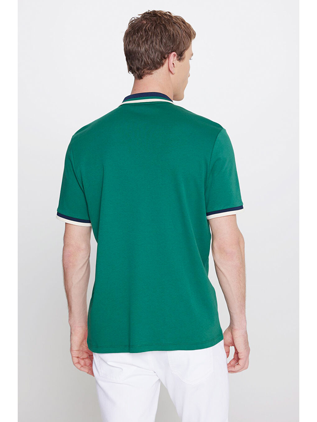 Erkek Yeşil-Lacivert Regular Fit Geniş Kesim Polo Yaka %100 Pamuk Tişört-4