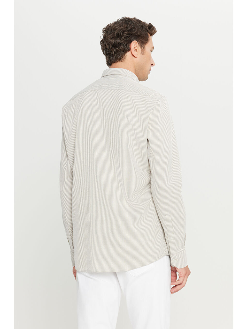 Erkek Bej-Beyaz %100 Pamuk Slim Fit Dar Kesim Düğmeli Yaka Çizgili Gömlek-6