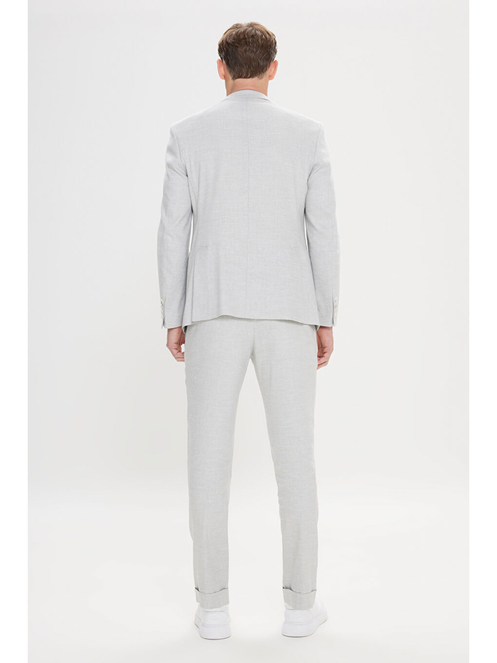 Erkek Açık Gri Slim Fit Dar Kesim Mono Yaka Desenli Keten Takım Elbise-8