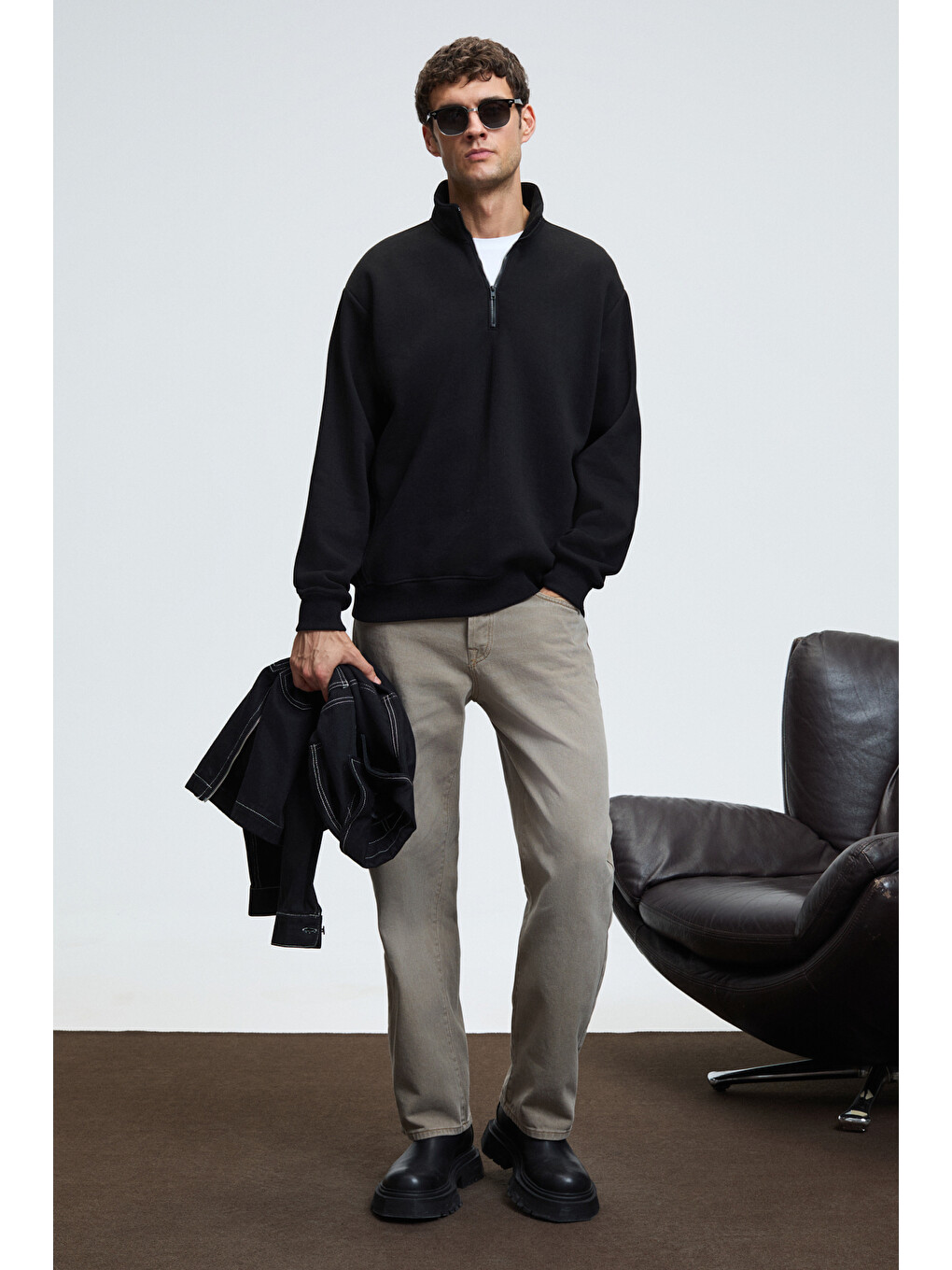 Siyah BAXTER Erkek Dik Yakalı Fermuarlı Relaxed SİYAH Sweatshirt-1