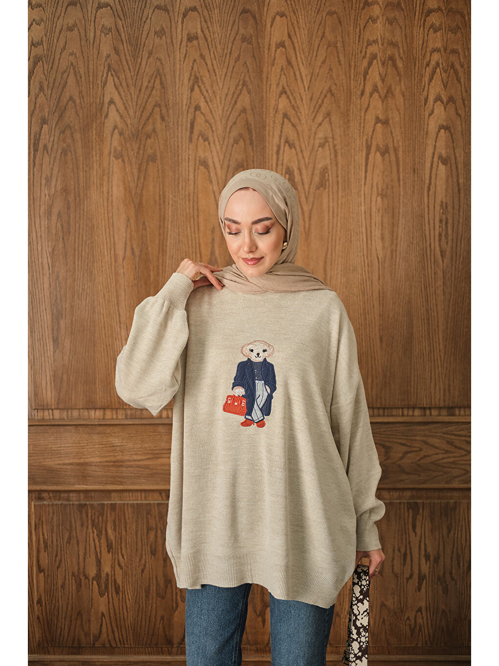 Ekru Kadın Ayıcık Nakışlı Triko Takım Krem-3