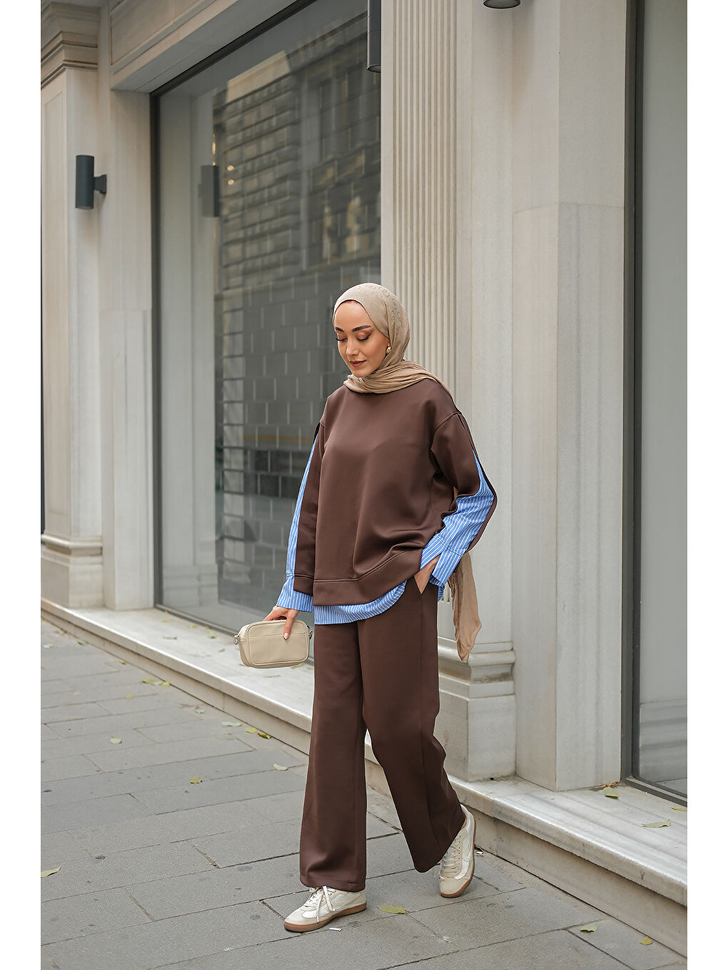 Kadın Gömlek Detay İkili Takım Kahverengi