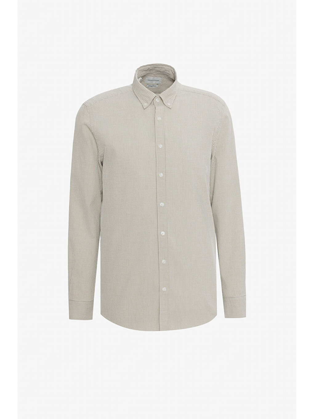 Erkek Bej-Beyaz %100 Pamuk Slim Fit Dar Kesim Düğmeli Yaka Çizgili Gömlek-7