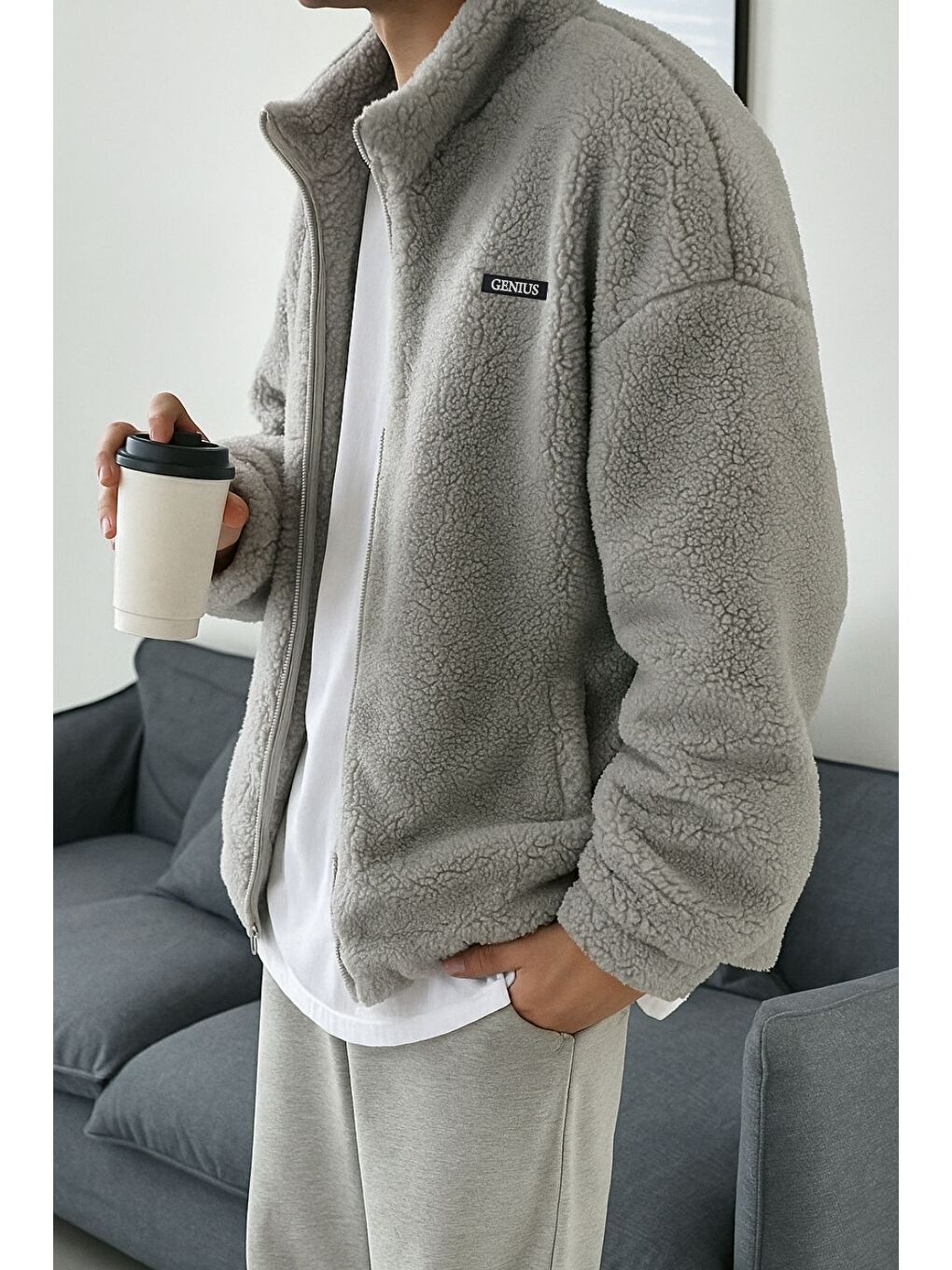 Gri Oversize Pelüş Tam Fermuarlı Sweatshirt Pelüş İçi Polarlı Sherpa Kumaş Sweatshirt-1