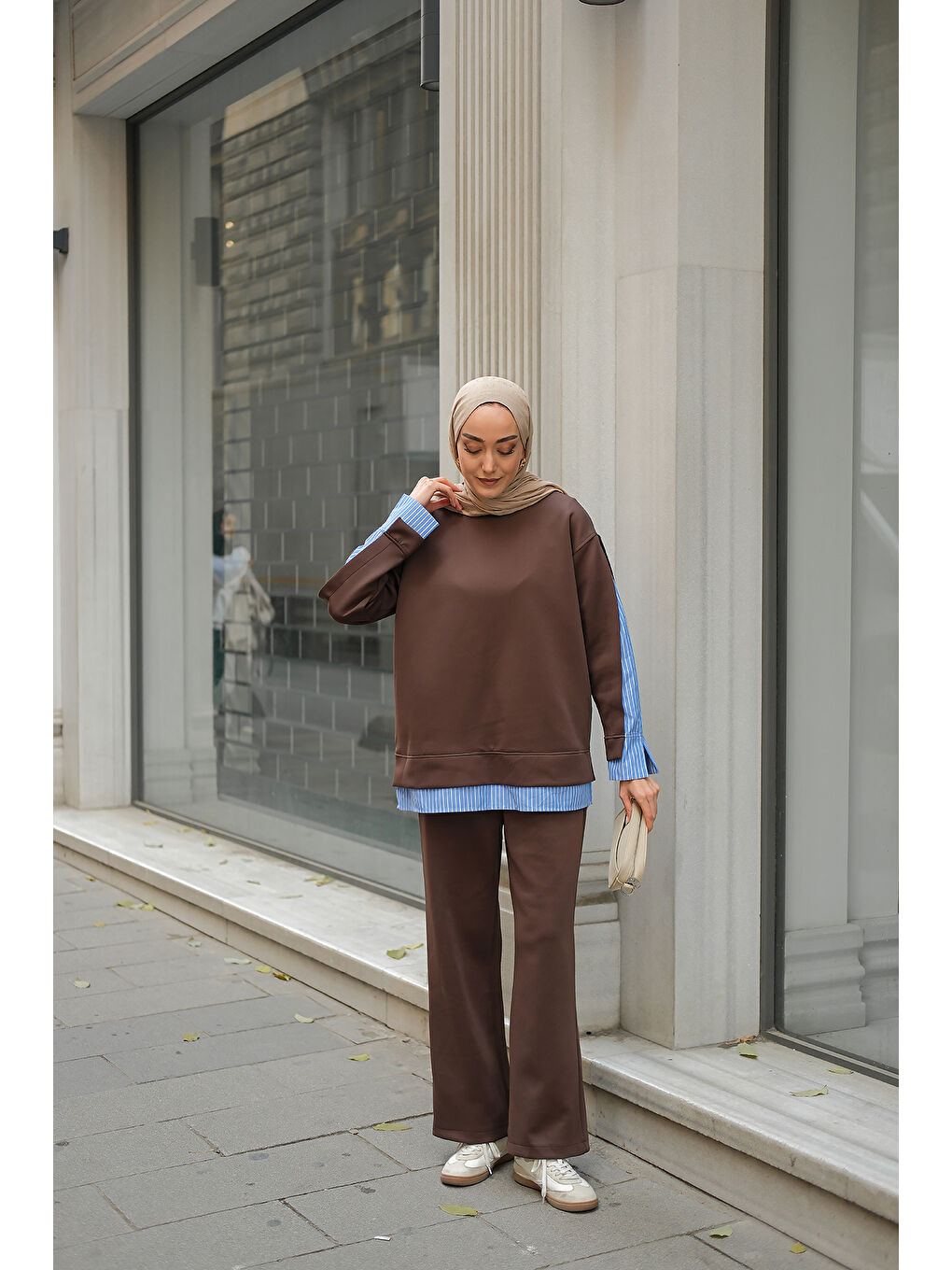 Kadın Gömlek Detay İkili Takım Kahverengi-1