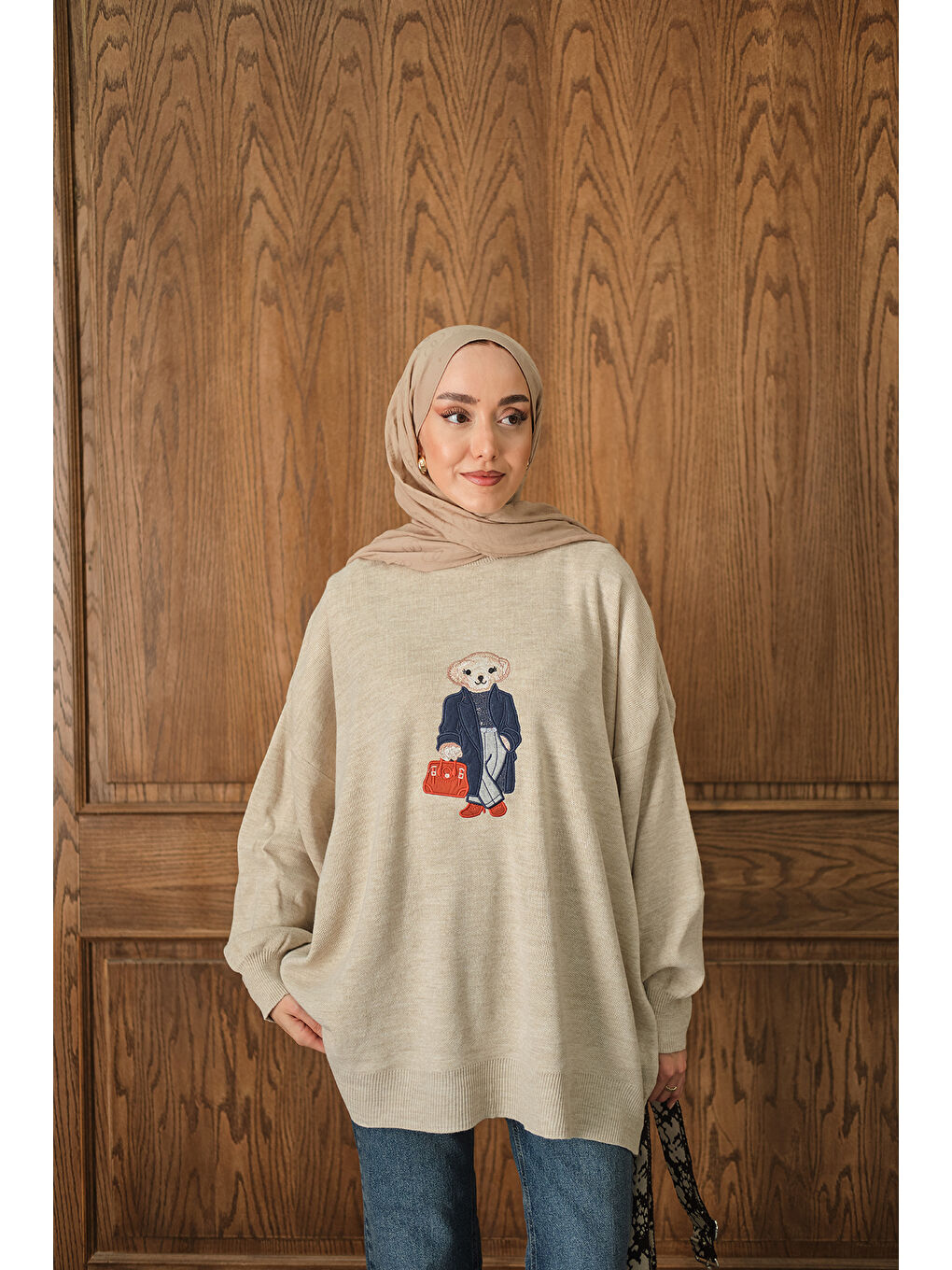 Ekru Kadın Ayıcık Nakışlı Triko Takım Krem-4