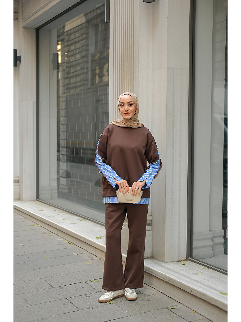 Kadın Gömlek Detay İkili Takım Kahverengi-2
