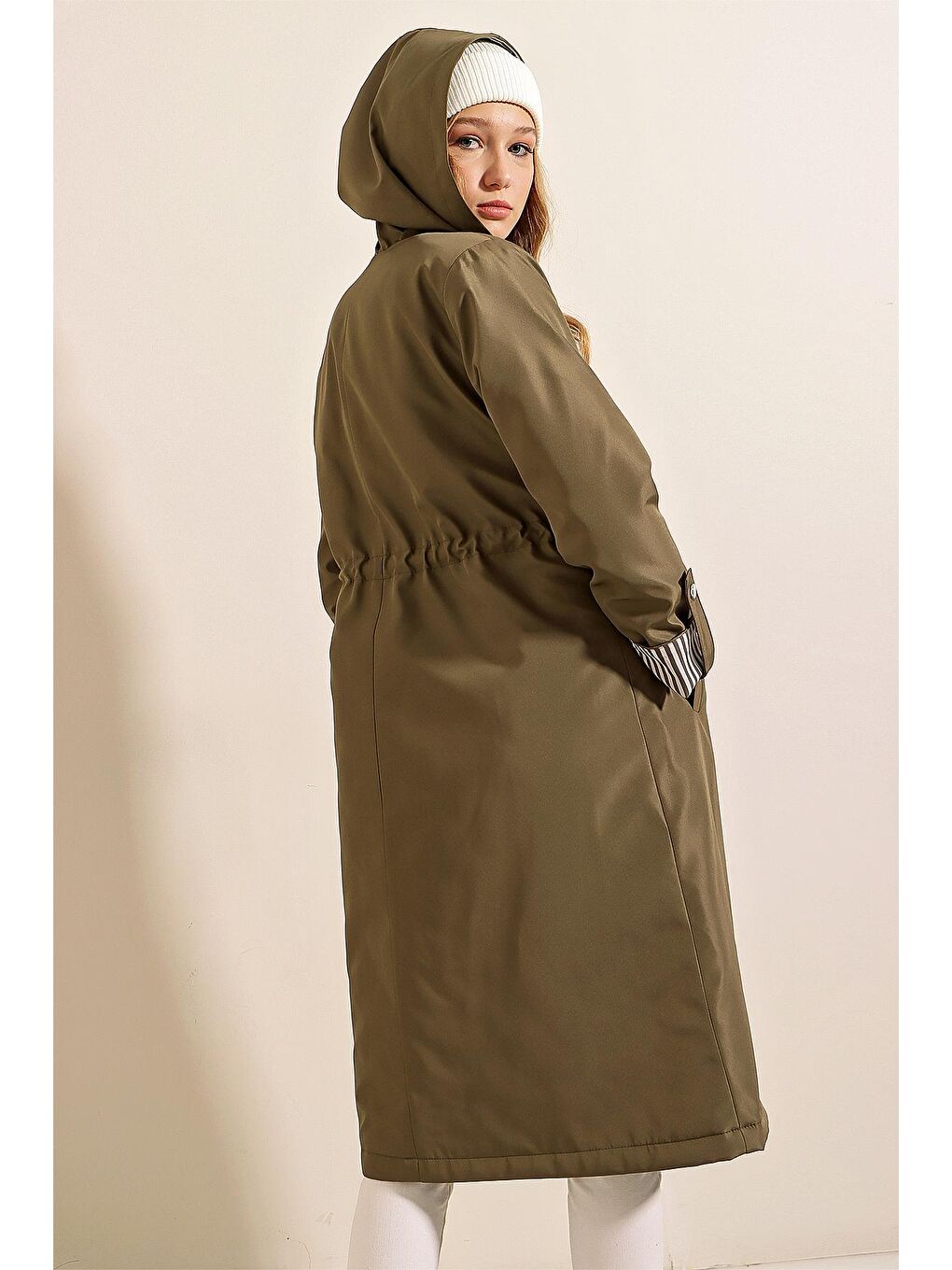 Haki Kadın Leopar Kol Katlamalı Trençkot-4