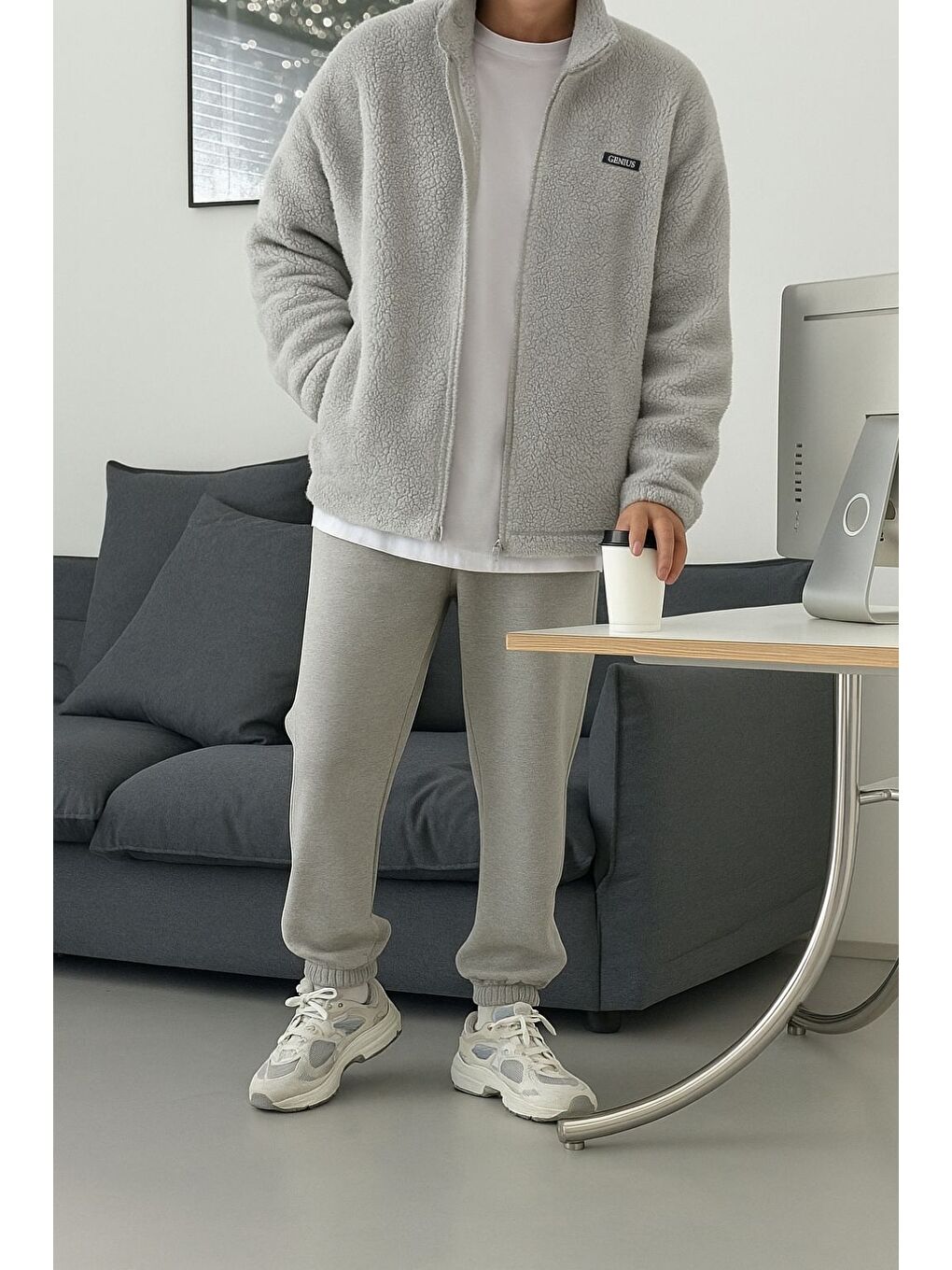 Gri Oversize Pelüş Tam Fermuarlı Sweatshirt Pelüş İçi Polarlı Sherpa Kumaş Sweatshirt-2