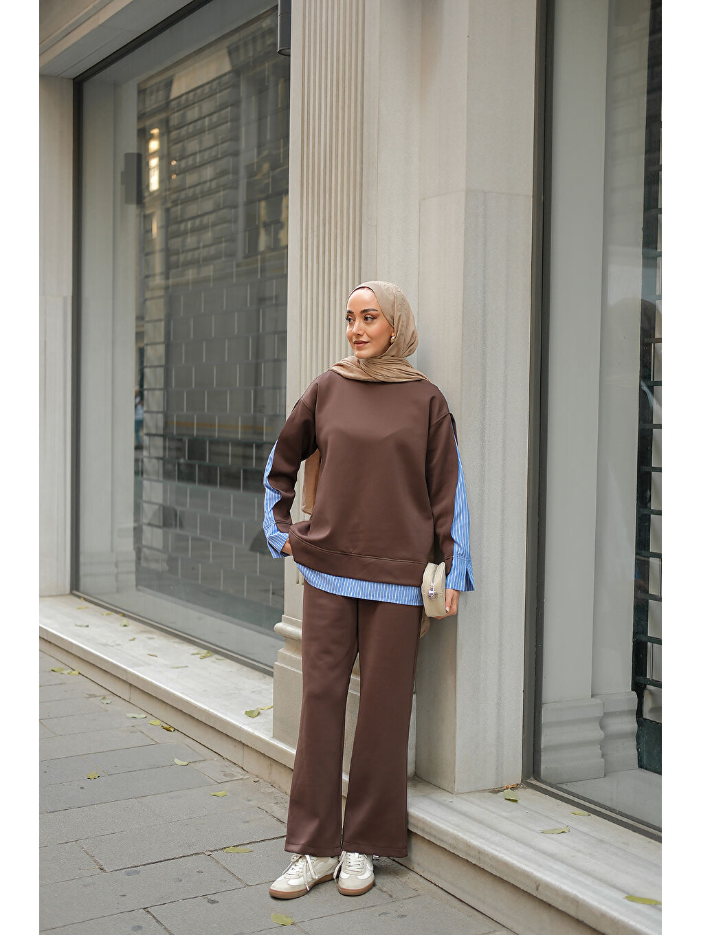 Kadın Gömlek Detay İkili Takım Kahverengi-4