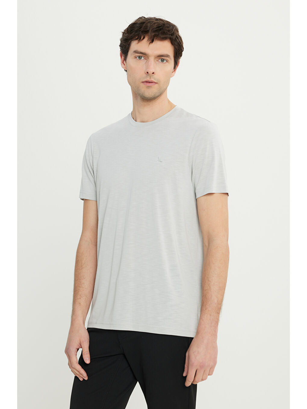 Erkek Açık Gri Yumuşak Dokulu Slim Fit Dar Kesim Bisiklet Yaka Tişört