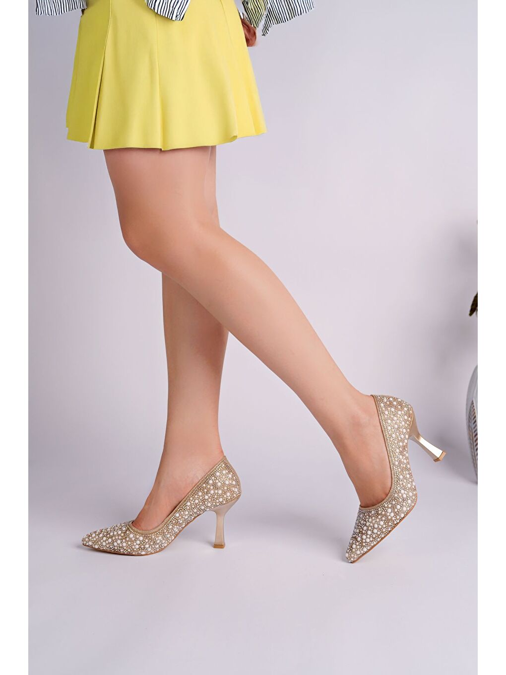 Sarı STONY Taş ve İnci İşlemeli Topuklu Nikah Düğün Gelin Topuklu Abiye Ayakkabı-1